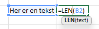 Viser excel celler med funktion til at tælle antal tegn